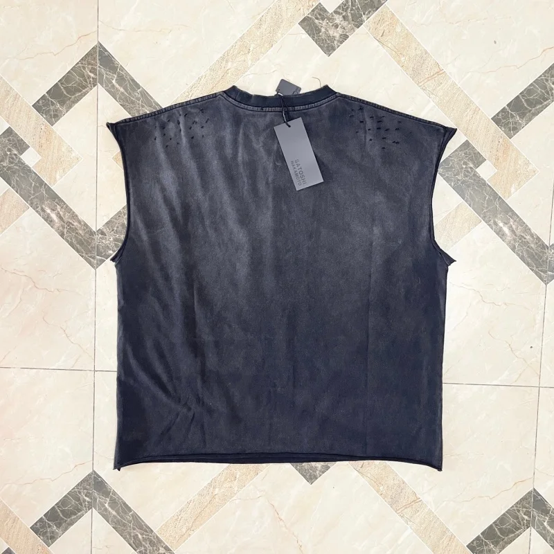 Mens Destroyed Sleeveless Short Sleeve T-Shirt Satoshi Nakamoto Boxy Spiral Letter Biker Raw Hem Top