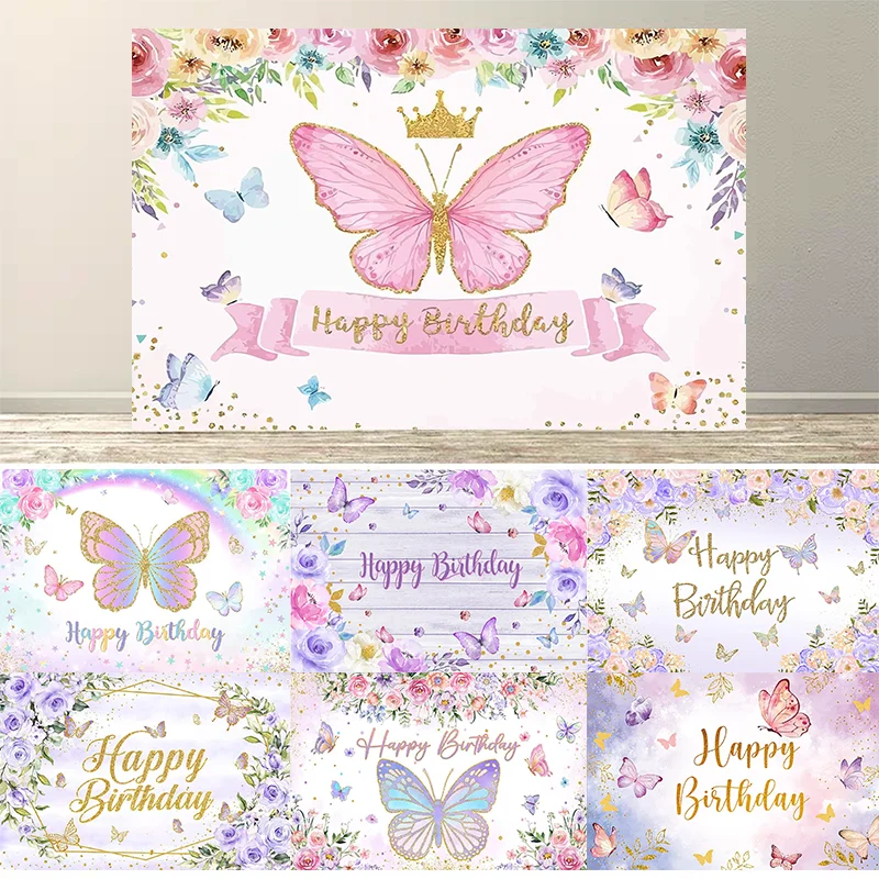 Rosa Blumenkranz Schmetterling Geburtstag Fotografie Banner Hintergrund Fee Prinzessin Mädchen Geburtstagsparty Blumendekoration Foto-Requisiten