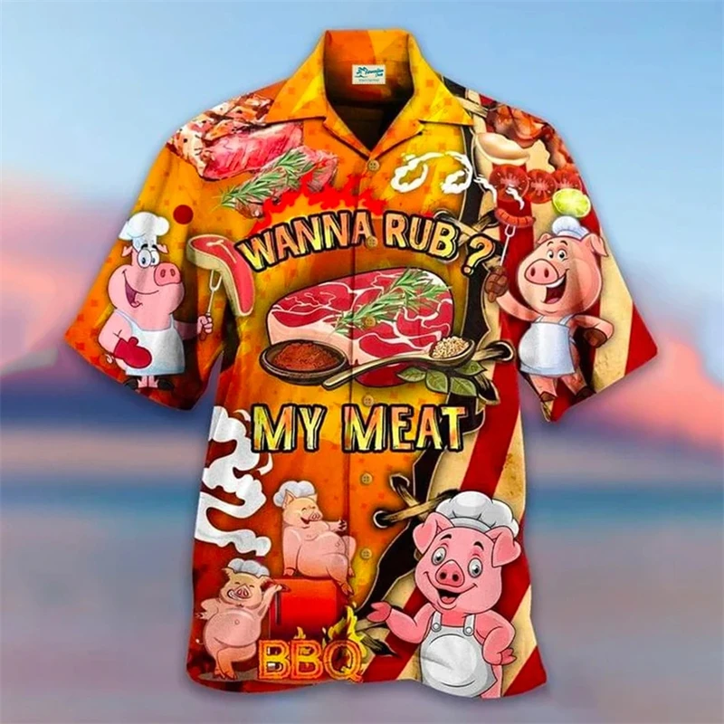 Summer Hot Sale Hawaiian Shirt For Men 3d Anime Cartoon Pig Men's T-shirt Beach Oversized Funny Blouse Womens Clothes Streetwear