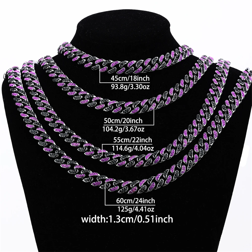 13MM Cuban Link Chain 2Row Purple Iced Out Rhinestones Rapper Necklaces Bracelet For Men Women Choker Hip Hop Jewelry