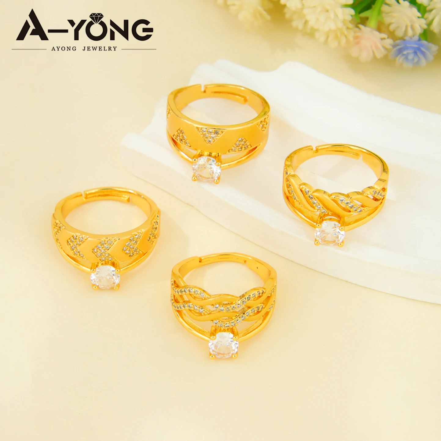 Dubai Mode Kubische Zirkonia Ringe 21k Vergoldet Arabische Braut Hochzeit Luxuriöse Paarringe Nigeria Damen Party Schmuck – Detail 4