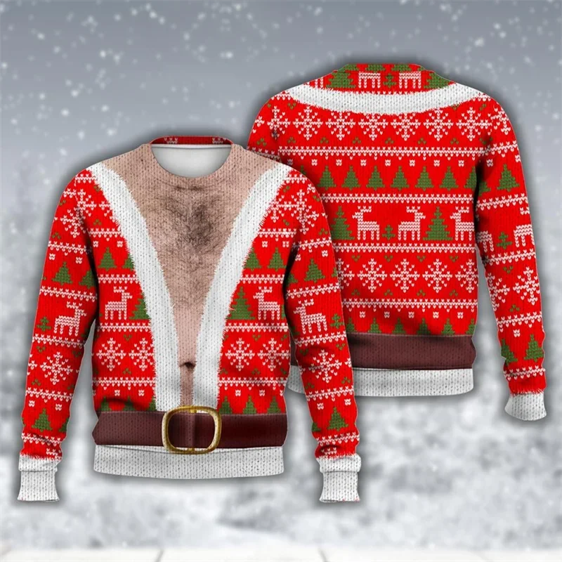 2026 Men's Fun Christmas Theme 3D Fake Two Piece Printed Fun Long Sleeve Christmas Party Novelty Long Sleeve Top