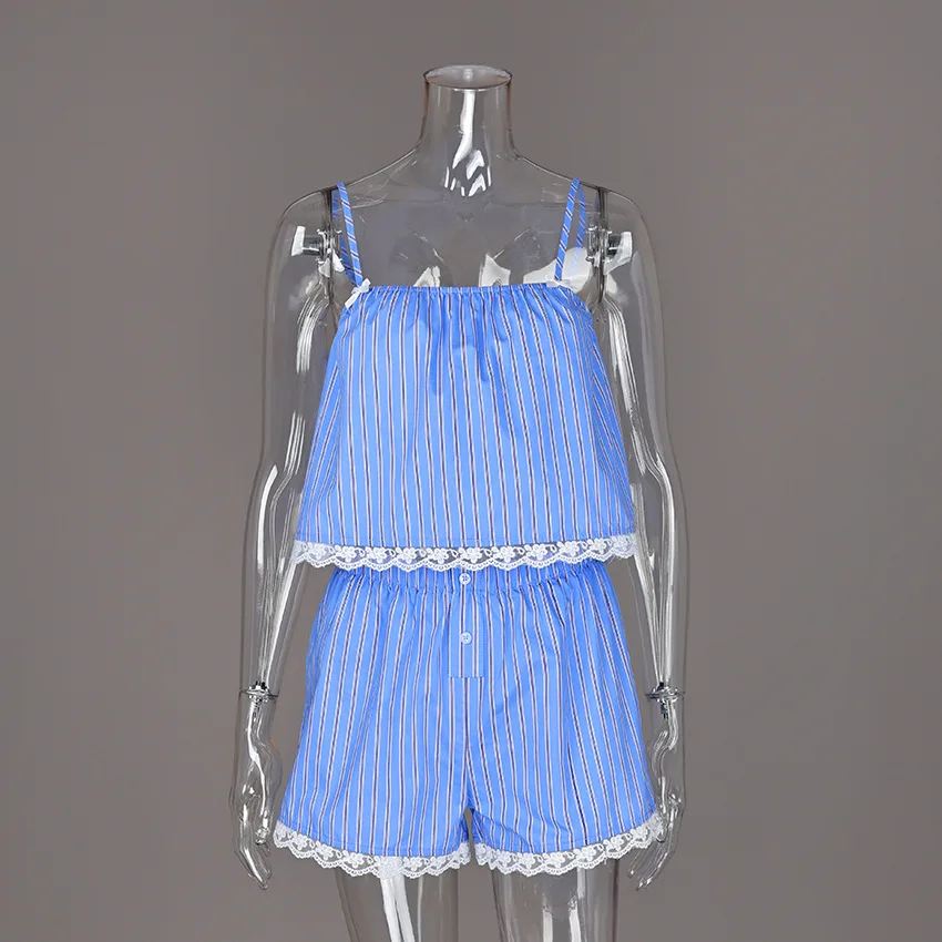 2026 New Nylon-cotton Striped Women's Pajamas with Spliced ​​lace Suspender Shorts Two-piece Home Wear Europe and America