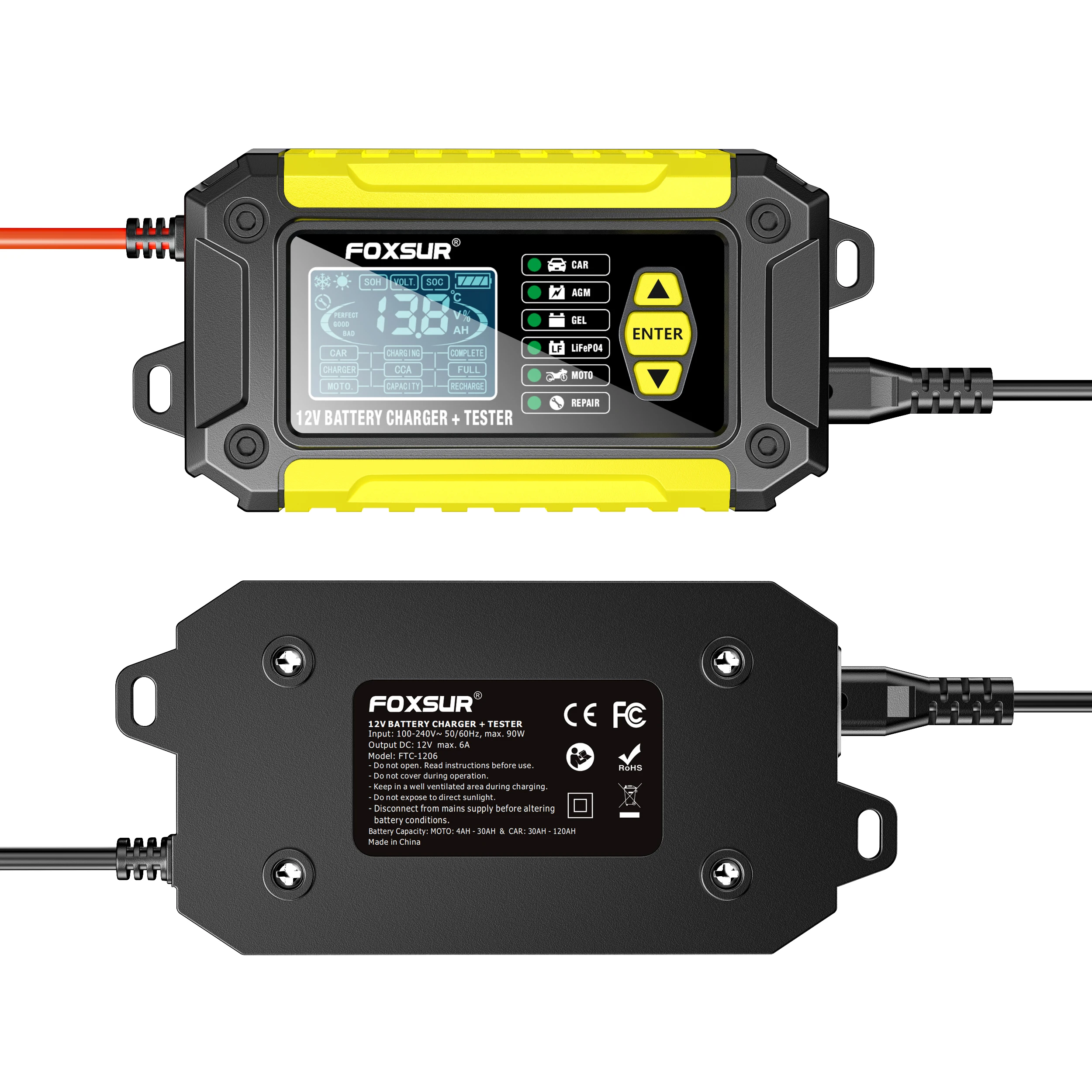 12V 6A Smart car and motorcycle battery charger+Battery Tester 2-in-1
