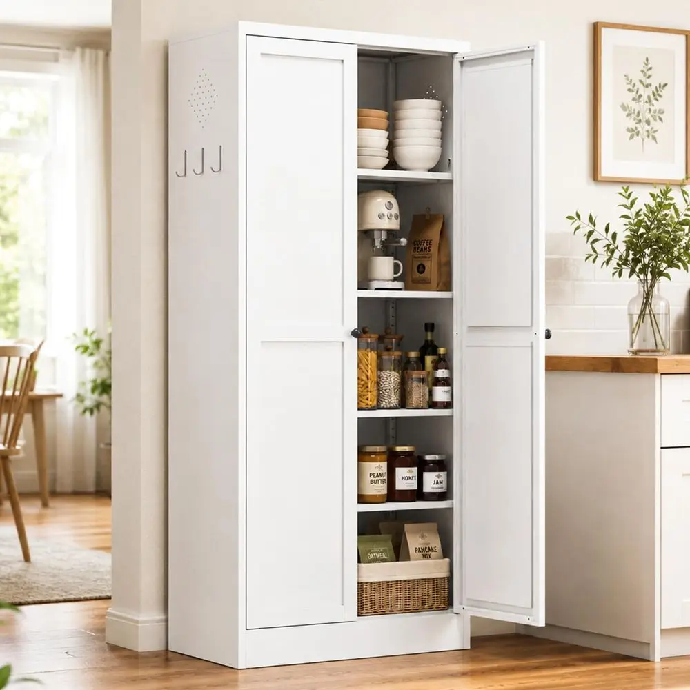 61 Inch Kitchen Pantry Cabinet, Tall Metal Storage Cabinet with 2 Doand 4 Adjustable Shelves or Dining, Oice, Living Room, Bathr