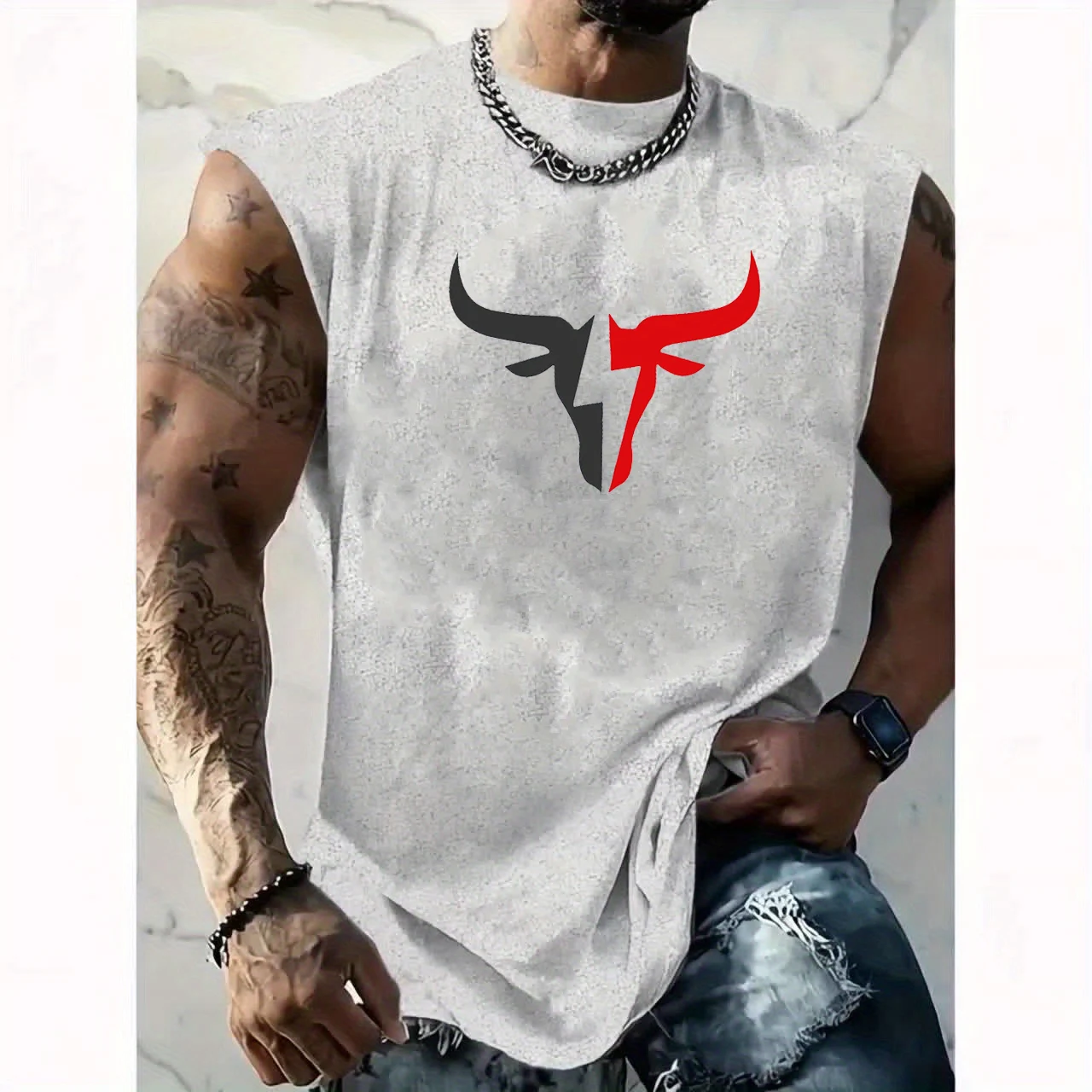Débardeur sans manches à col rond pour hommes, loisirs, sport, Fitness, ample, motif de taureau imprimé, confortable et respirant, été