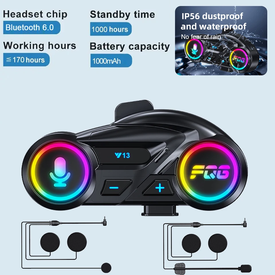 Bluetooth 6.0 Motorcycle Helmet Headset IP56 Waterproof Moto Earphone 1000mAh Super Long Standby HandsFree Call Music Player