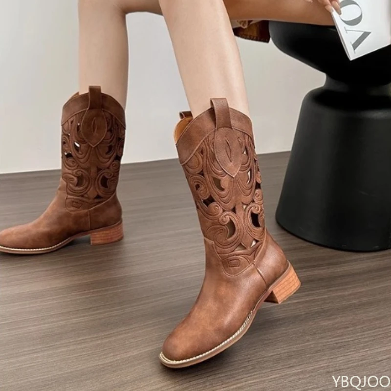 

Летние рыцарские сапоги на толстом каблуке с острым вышивкой коричневого цвета, универсальные дизайнерские короткие сапоги в этническом стиле с нижней трубкой