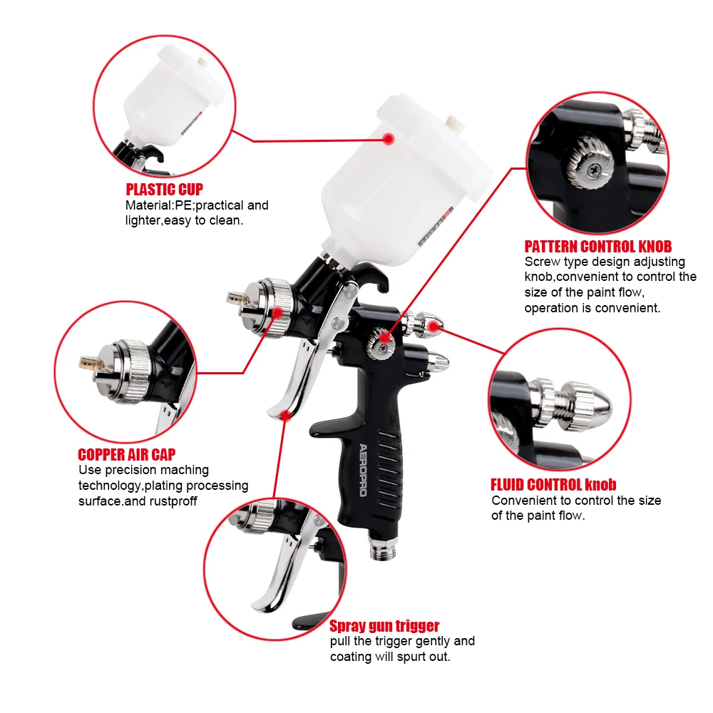Imagem -02 - Aeropro A606 Pro Touch up Série Reacabamento Automático Pistola de ar 1.0 mm Bico Alimentação por Gravidade 100cc Hvlp Pistola de Pulverização