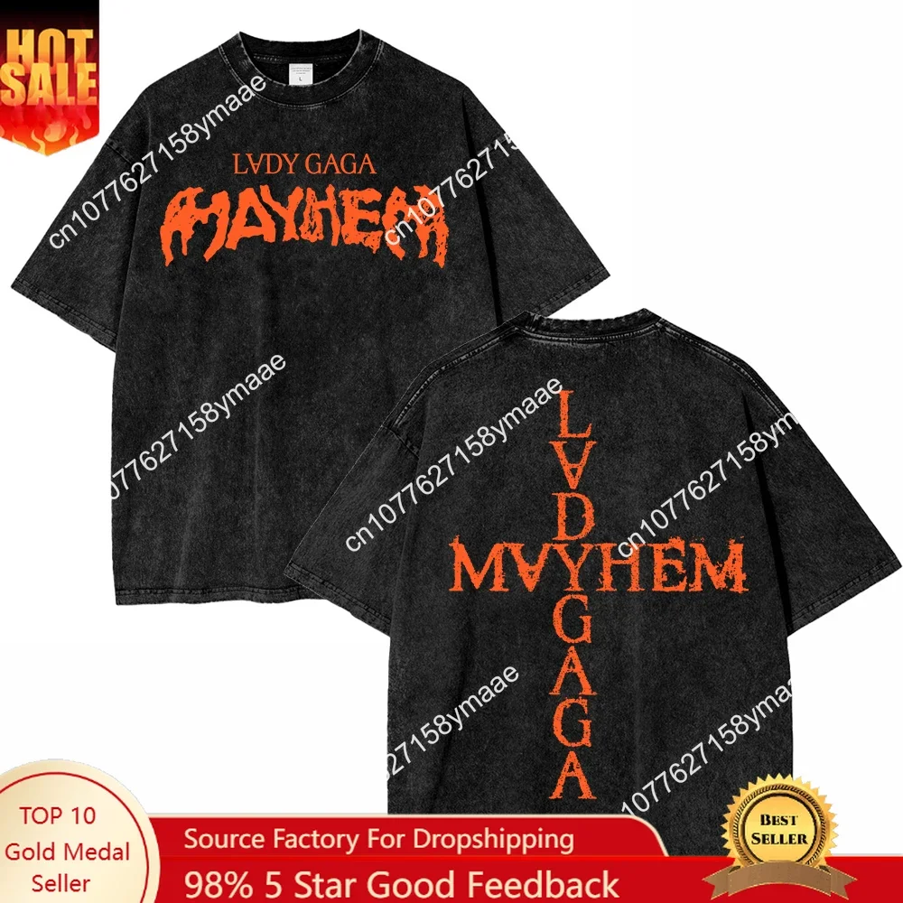 Vintage Washed Lady Gaga The Mayhem Ball Tour 2025 T Shirt Fashion Men/Women Aesthetic High Quality Acid Wash 100% Cotton Tees