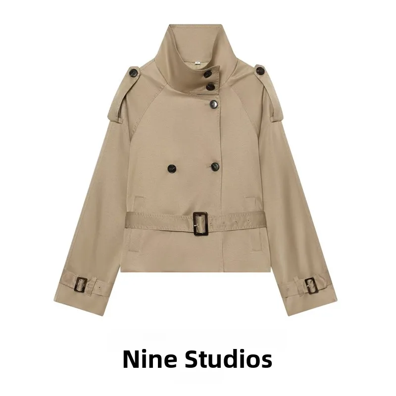 NINE ZAR Women's Short Stand Collar Windbreaker Jacket with Belt Workwear Style Waist Cinching Button Detailing Online Exclusive