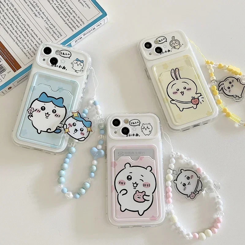 Cute Cartoon Japan Anime Sanrio Chiikawa Card Wallet Pocket Phone Case For iPhone 16 15 14 13 12 11 Pro Max Cover With Lanyard