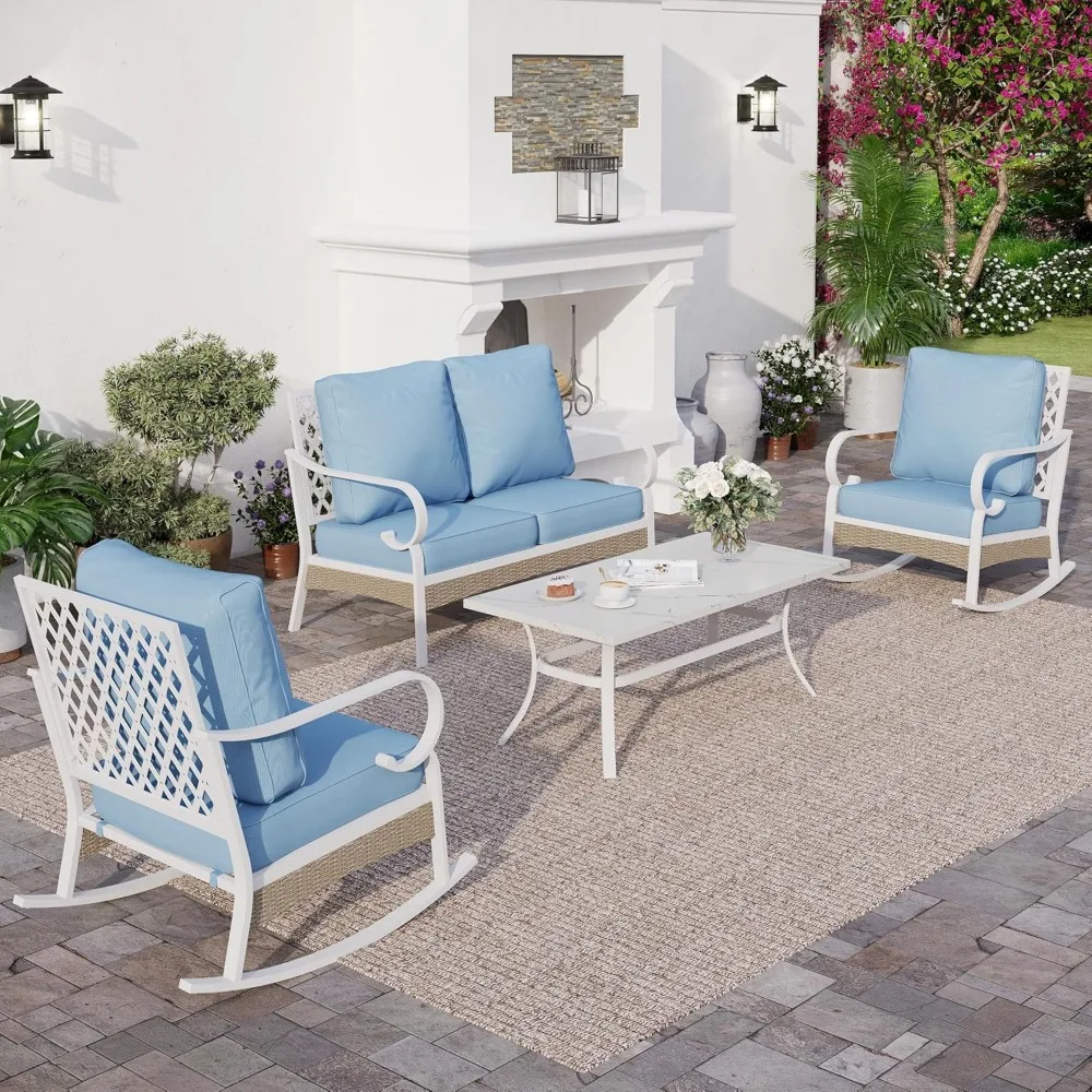 

4 Piece Metal Outdoor Patio Furniture Sets, Patio Conversation Sets 1 2-seater Sofa, 2 Single Sofa with 5.75" Extra Thick Cushio