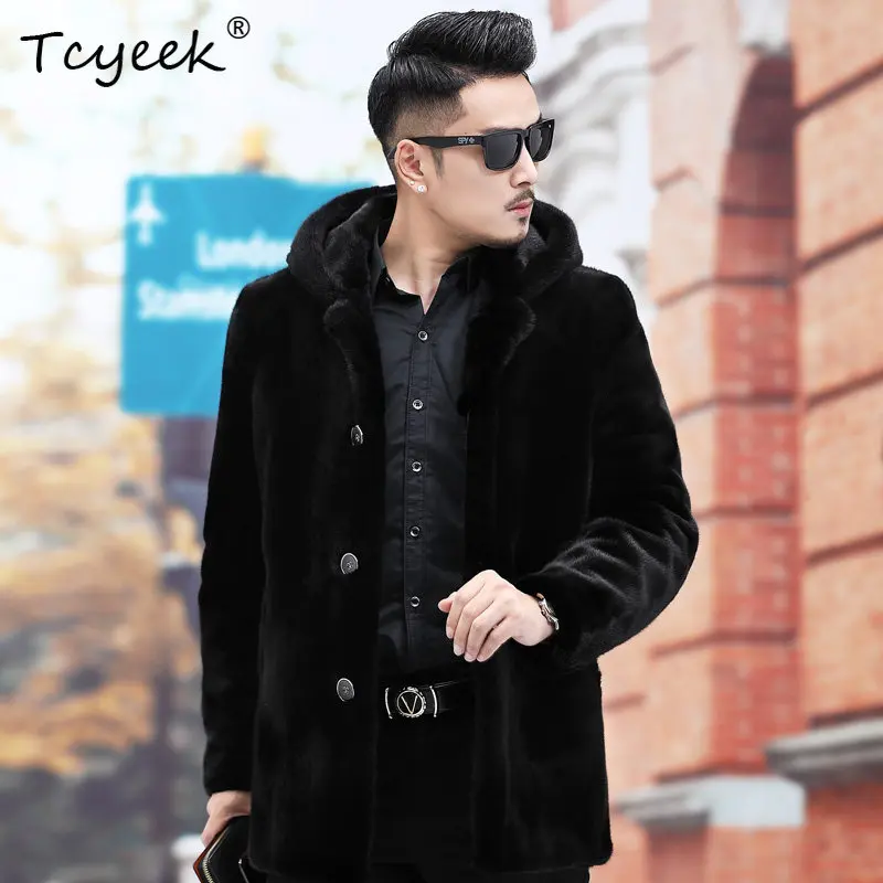 Tcyeek Natural Baojiamei Mink Jacket Men Clothes Fashion Winter Coat Warm Real Fur Coats Male Mid-length Hoodie المنك رجالي 2026