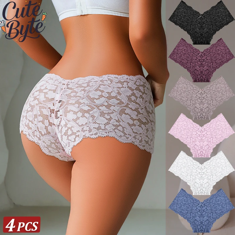 4-teiliges Set Französische Elegante Spitzen-Slips Sexy Niedriggeschnittene Damenunterwäsche mit Spitzenbesatz und Schleife Atmungsaktive Komfort-Lingerie Neu