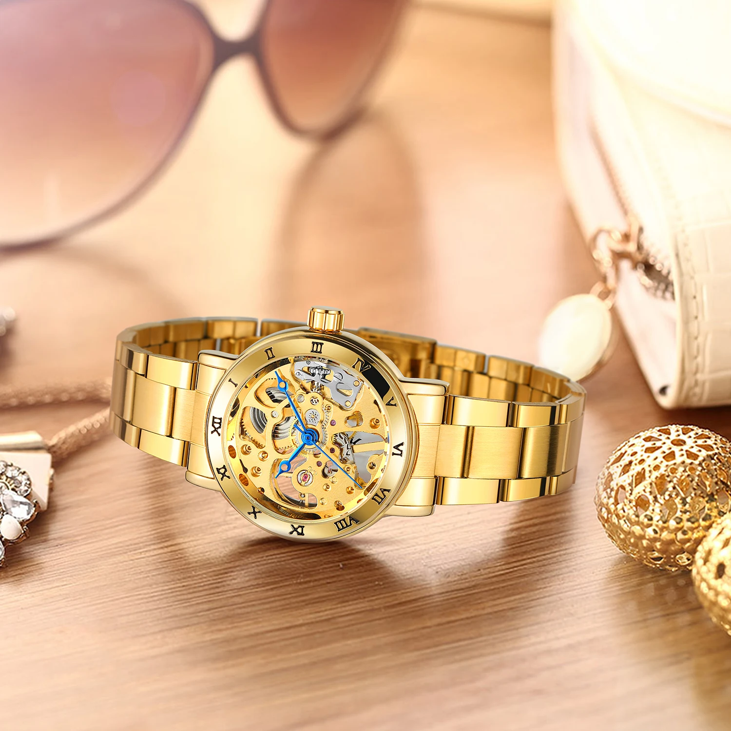 T-WINNER Jam Tangan Mekanis Kerangka Wanita Bermerek Mewah Jam Tangan Bezel Angka Romawi Jam Wanita Modis Baja Tahan Karat