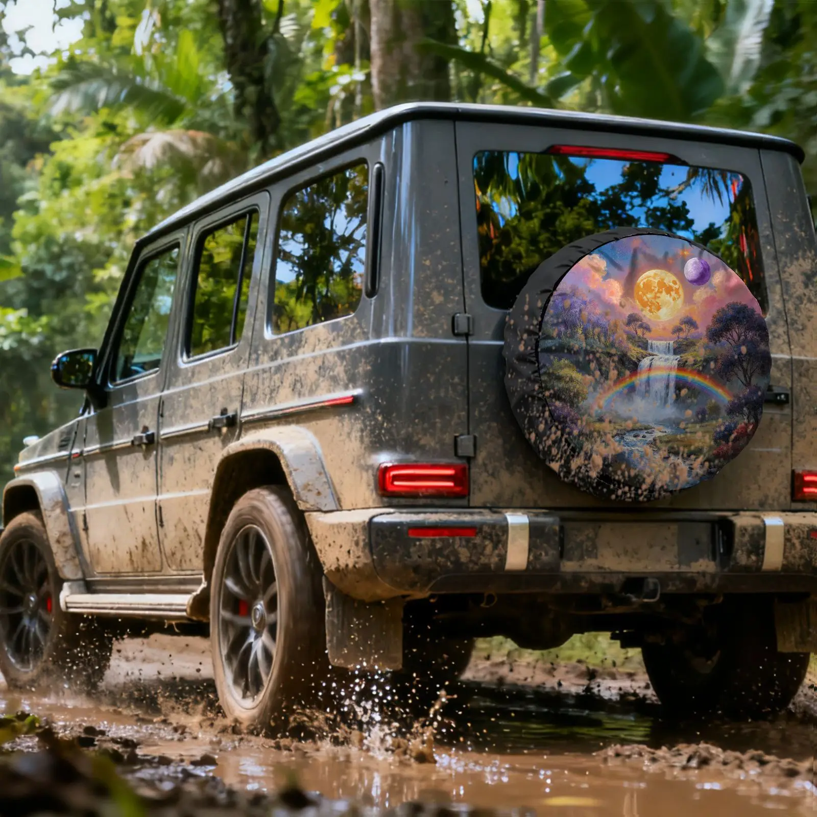 Fantasy Waterfall Rainbow Moon Spare Tire Cover Polyester Durable SUV RV Truck Wheel Protector