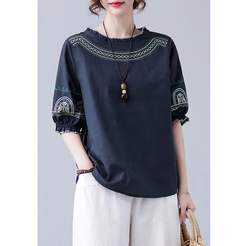 Retro Ethnic Style Embroidery Ruffle Chic Cotton Linen Ladies Tops Blouses Summer Round Neck Loose Half Sleeve Shirts for Women