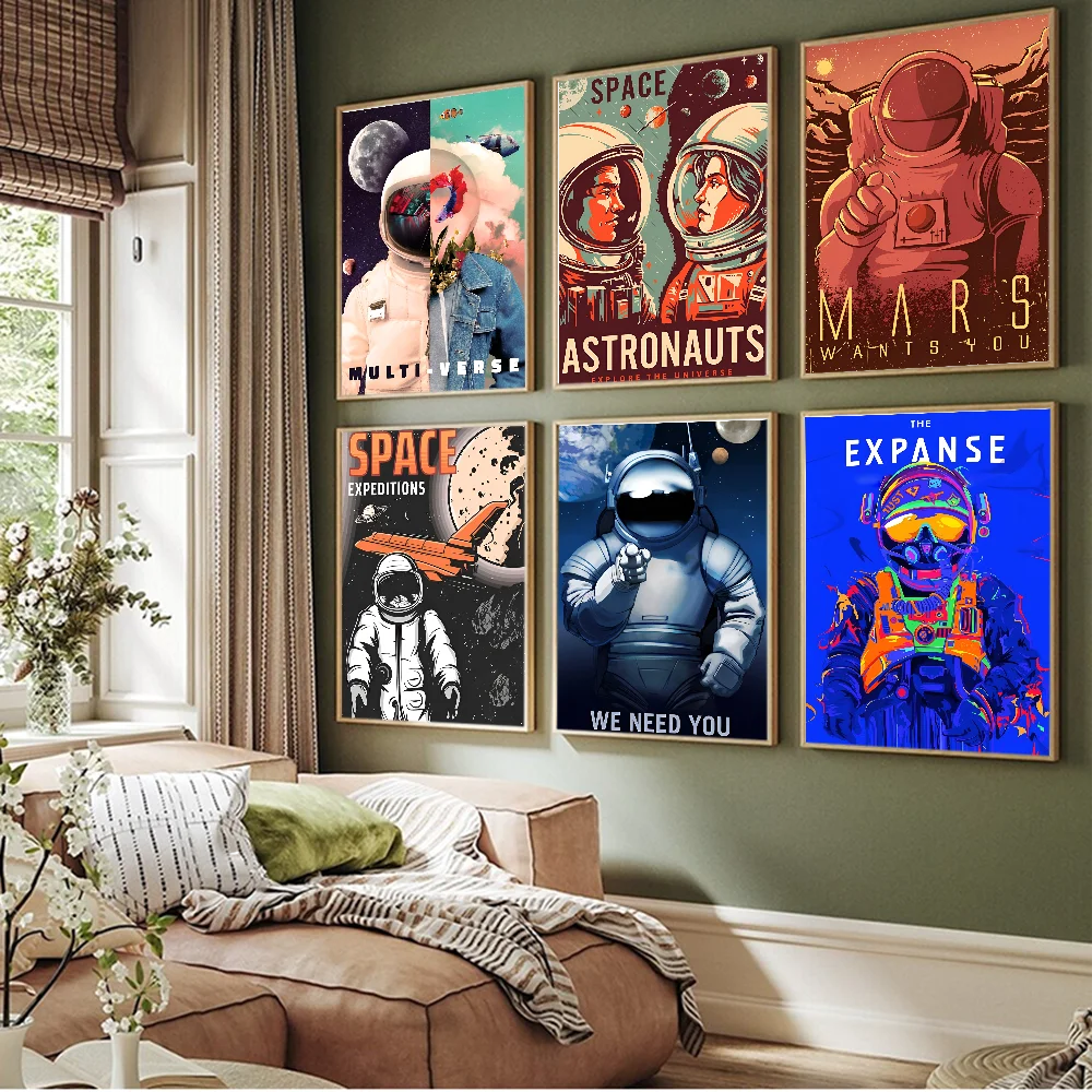 Vintage Space Astronauts Rocket Ufo Aliens Spacecraft Self-adhesive Art Poster Fancy Wall Sticker For Living Room Decoration