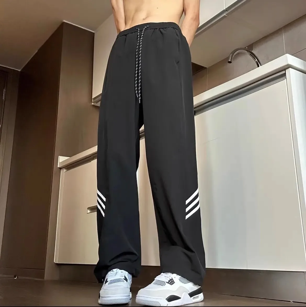 Summer solid color three bars American hiphop pants male fashion brand hiphop European high street oversize wide-leg pants