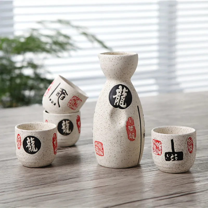 Vintage Ceramic Sake Pot Cups Set Characters Poem Japanese Cuisine Sake Bottle Spirit Pot Set with Cups