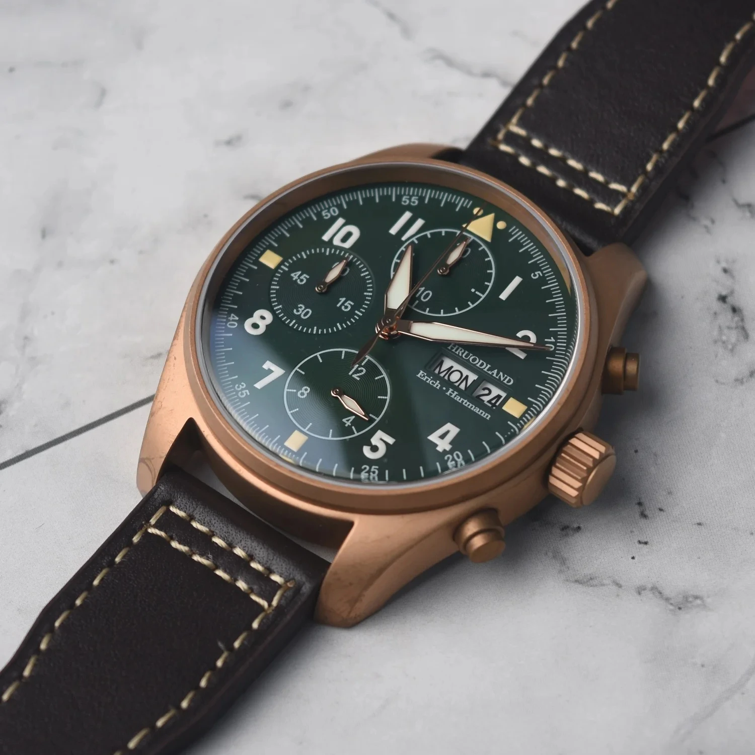 Hruodland 2024 Solid Bronze Multifunction Quartz Men‘’s Watches F007Q 6S00 Leather waterproof Chronograph Pilot watches for men