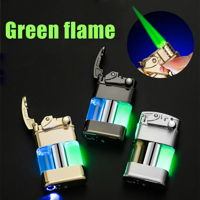 Rocker Arm Luminous Quicksand Windproof Butane Gas Lighter Transparent Oil Tank LED Light Green Flame Smoking Accessories Gadget