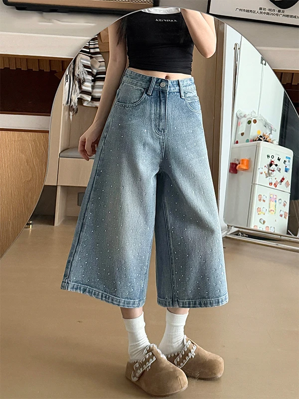 Blue Rhinestone Embellished Loose Wide Leg Jeans Women's Summer New plus Size Pear Shape Body Slimming Casual High Waist Jeans