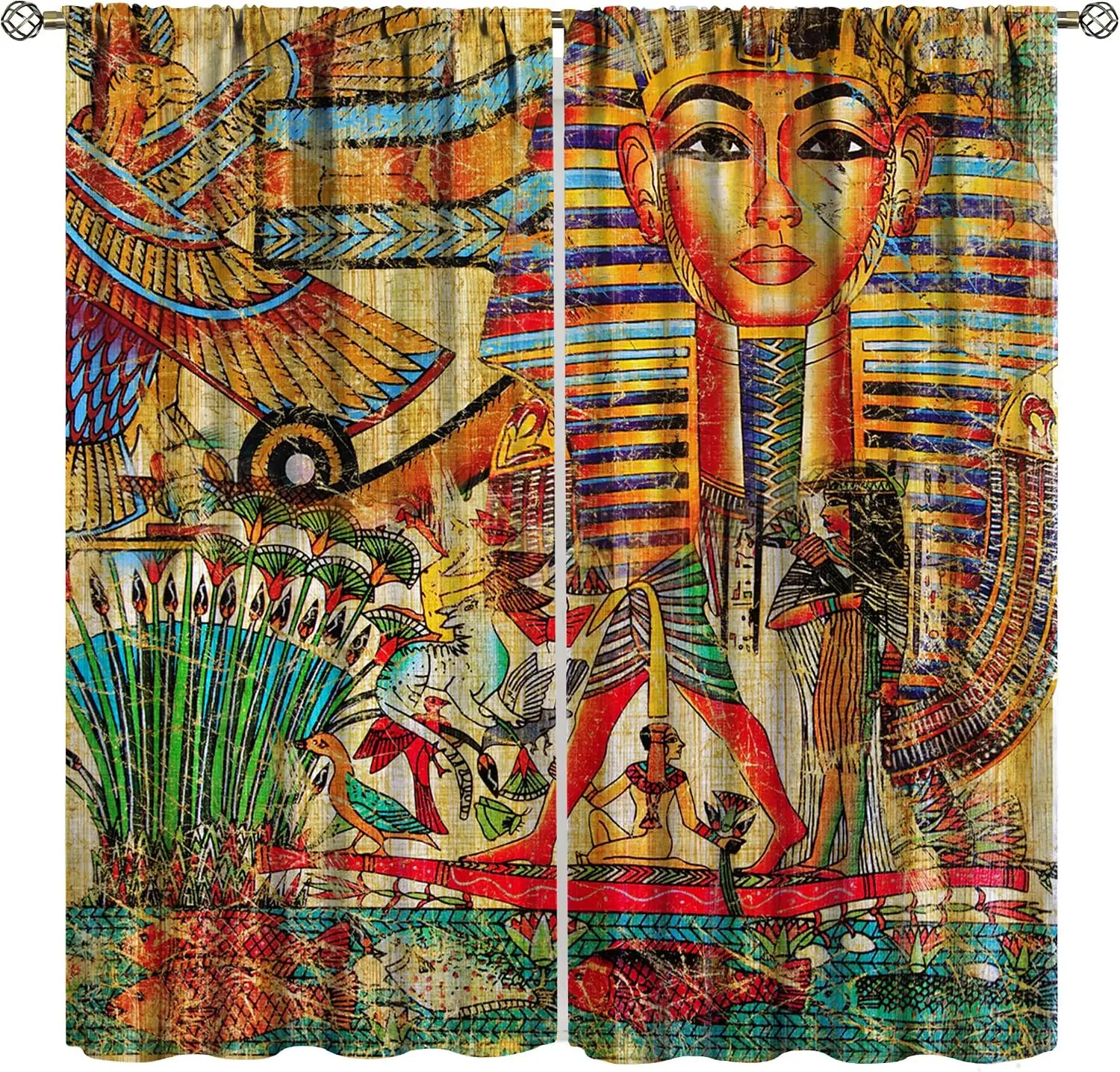 Ancient Egypt Block Theme Curtain 2 Panels Multi Pharaoh Mural Texture Yellow Tone Base Cozy Vintage Living Room Home Curtains