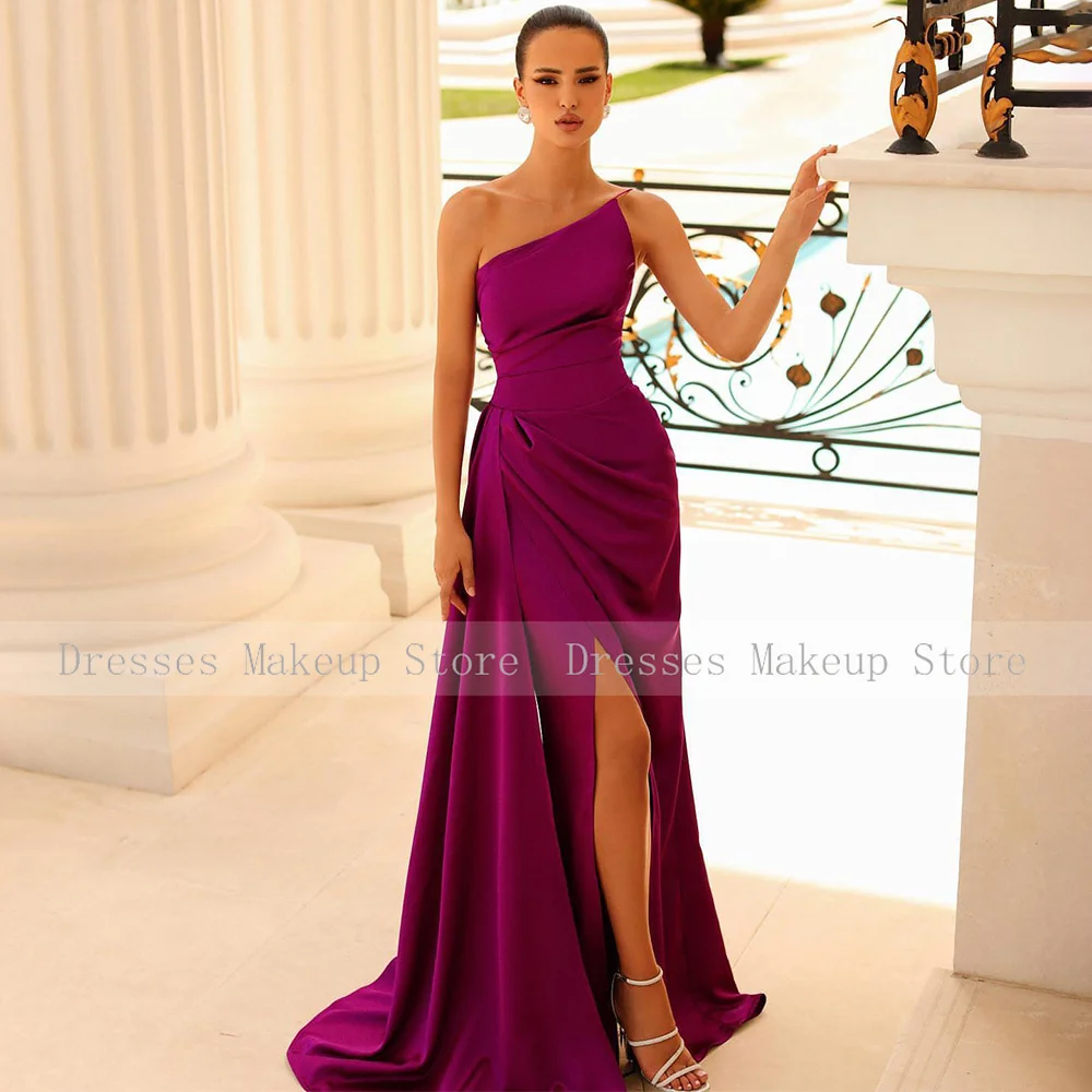 Emerald Green Evening Dress Long One Shoulder Satin Mermaid  Party Gowns for Women Side Split Draped Simple Prom Dresses