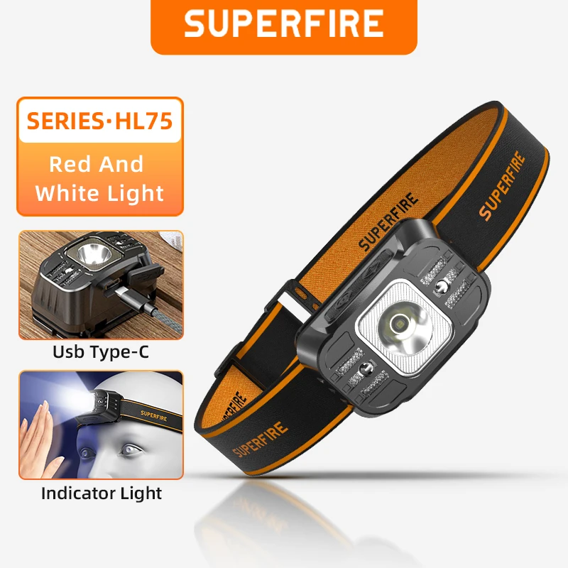 SUPERFIRE HL75 Mini LED Rechargeable Headlamp High power led flashlight USB C Sensor Headlight Portable For Working Fishing lamp 