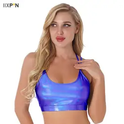 Women Metallic Crop Tops Strappy Back Vest Removable Pads Gym Yoga Workout Bras Camisole Festival Pole Dance Outfit Clubwear