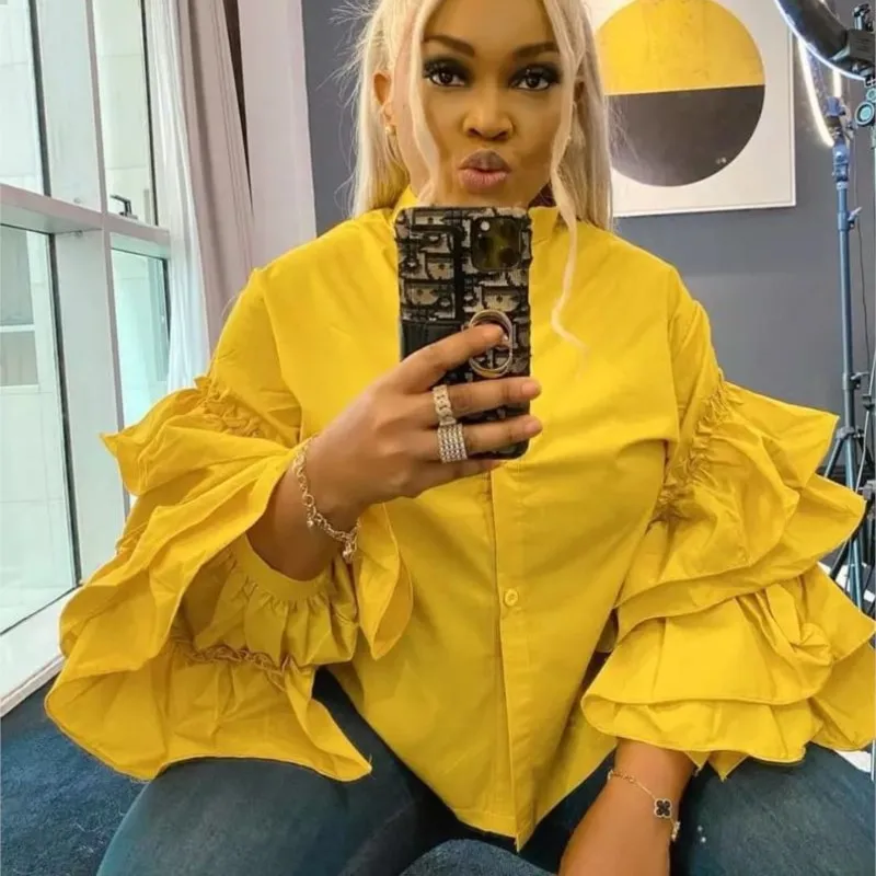 Women White Shirts Solid Full Ruffles Sleeve Turn-down Collar Single Breasted Loose Shirts Office Lady Streetwear Summer Tops