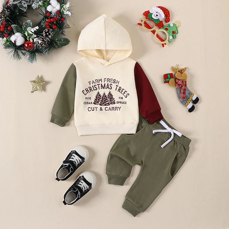 2023-10-13 Lioraitiin 0-3Y Kid Baby Boys Christmas Outfits Long Sleeve Pine Tree Print Hoodie + Pants Set Newborn Warm Clothes