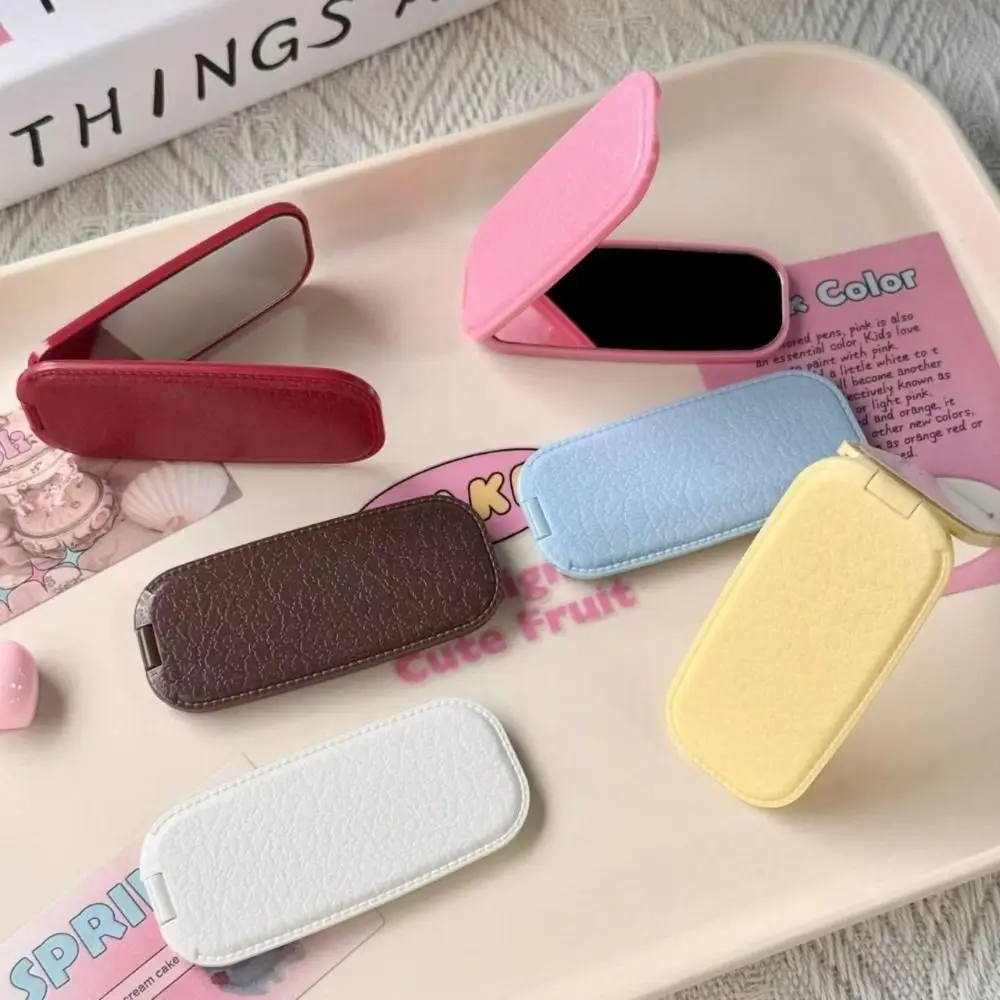 Folding Phone Stand Leather Pattern Mirror Phone Stand Adhesive Back Horizontal Vertical Foldable Dual Use Makeup Mirror Stand