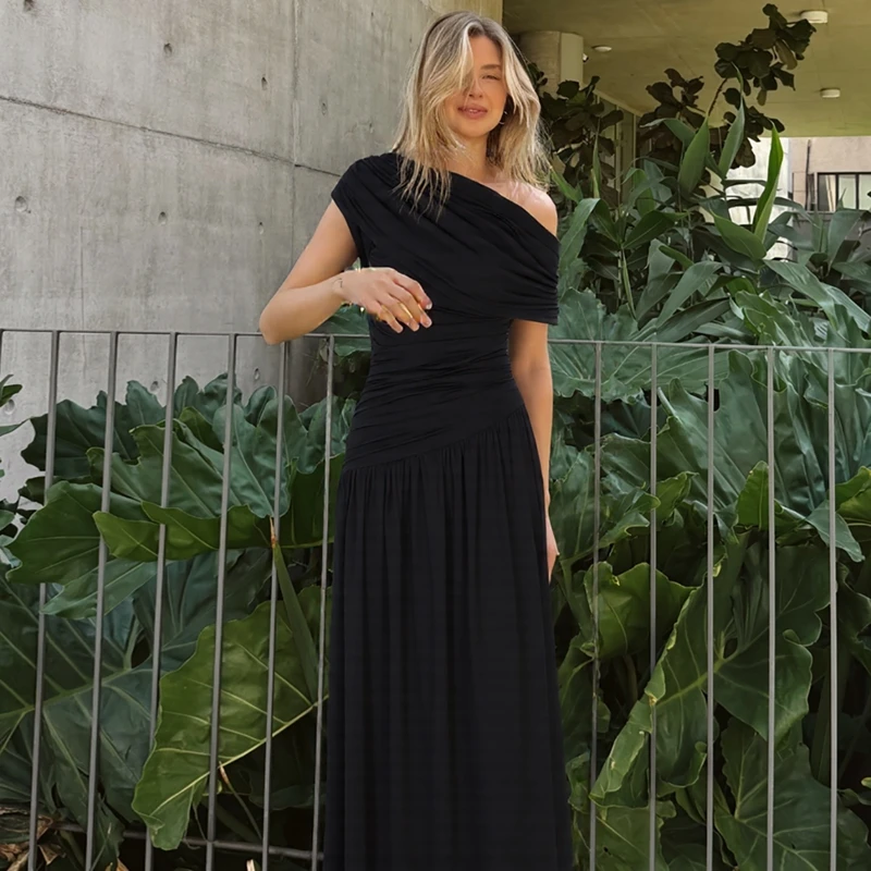 Hugcitar One Shoulder Ruched Sleeveless Solid Pleated Sexy Irregular Y2K Maxi Dress Summer Elegant Party Women Clothes Vacation