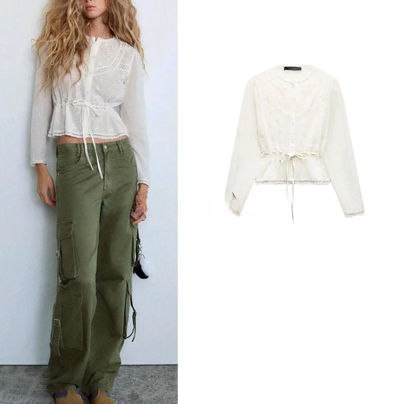 

Sweet Sle Loose round Ne Hollow out Waist Cinched Embroidered irt New Arrival Women's Spring Faion Thin Gauze Blouse