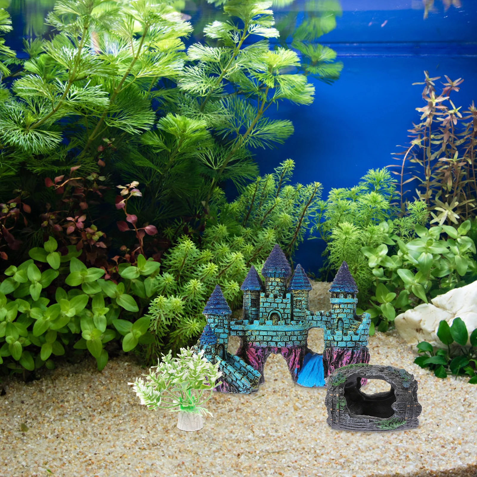 

15pcs Aquarium Decoration Set Fish Tank Ornaments Simulation Plants Artificial Corals Goldfish Castle Fake Aquatic Landscaping