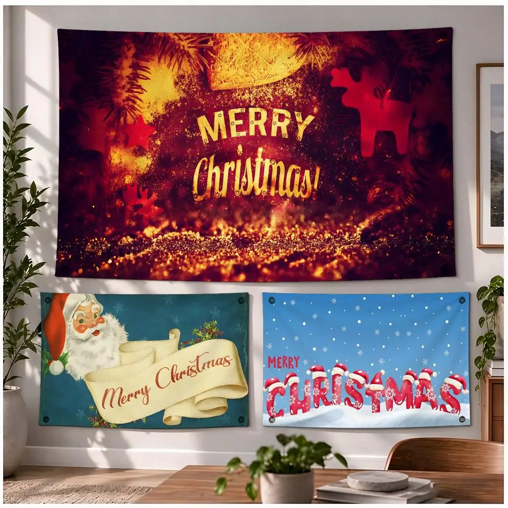 Merry Sparkling Holiday M-Merry Christmas Festival Flags Four Ring Ornament Indoor Outdoor Decor Simple Hanging Mount Gift
