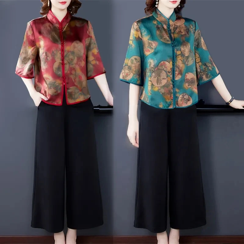 

High End Women Silk Sets New Retro Spring Summer Women Silk Blouse Print Shirt + Wide Leg Pants 2PCS Mother Blusa Suit 4XL