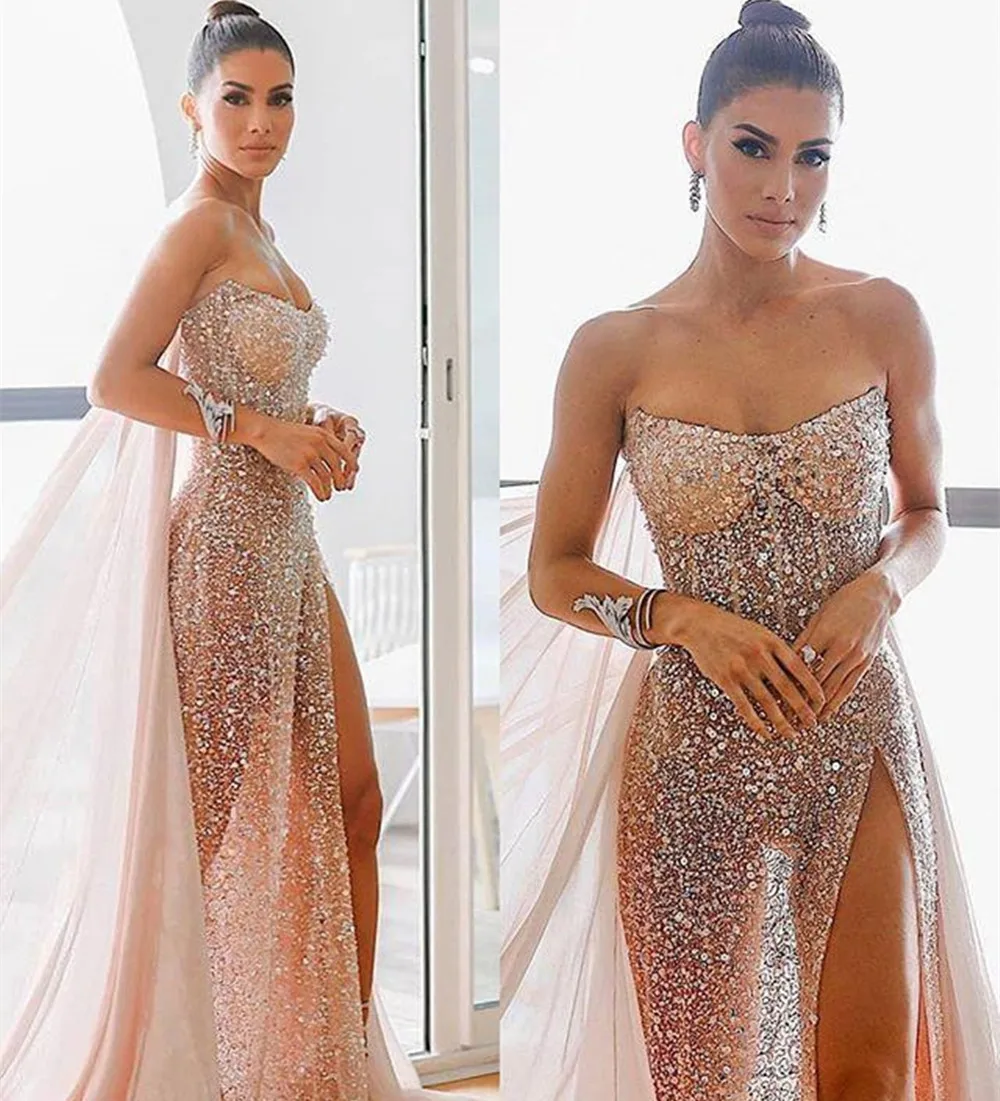 Vestidos De Noche De graduación con lentejuelas doradas y rosas brillantes, Sexy, De gasa con abertura lateral alta, De lujo, 2022