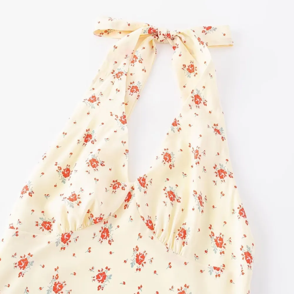 Seksowna jasnożółta sukienka z kwiatowym nadrukiem z kokardą na ramiączkach Letnia sukienka damska bez pleców z wąską talią Długie sukienki midi Robe Holiday