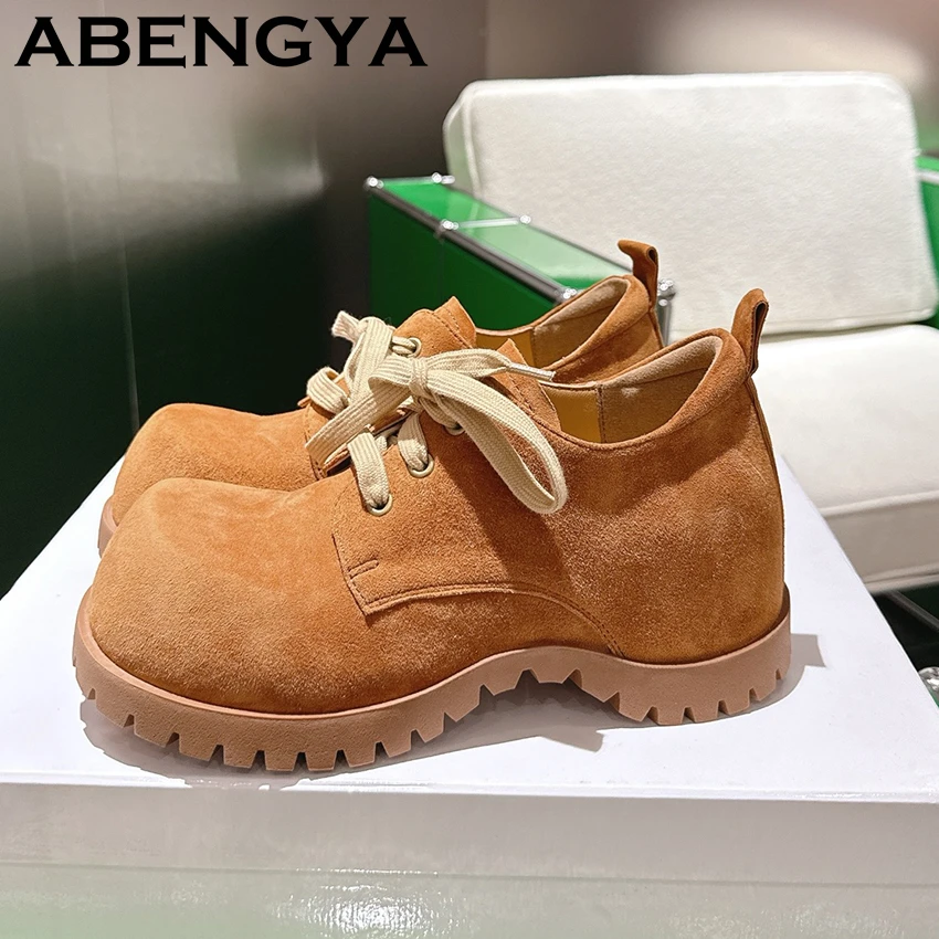 

2025 Autumn Suede Leather Thick Sole Ankle Boots Women Round Toe Lace Up Height Increasing Short Boots Fashion Platform Boots