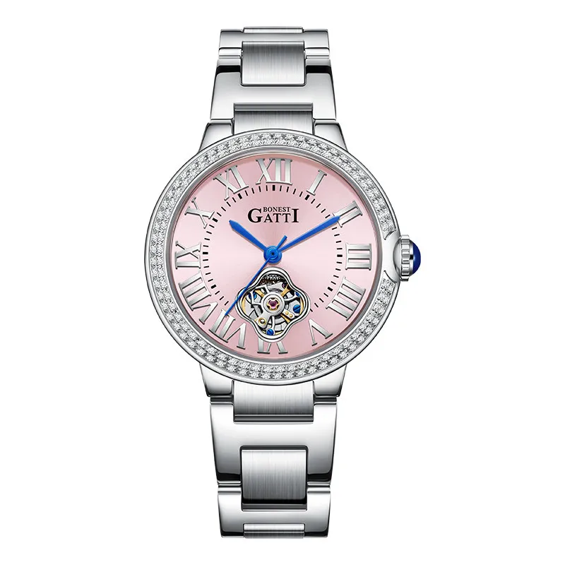 BONEST GATTI Women Automatic Watch 35mm Ladies Mechanical Wristwatch Sapphire Mirror Luminous Skeleton Dial Crystal Bezel