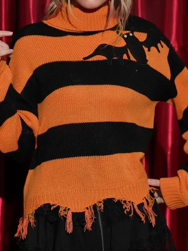 

Halloween Bat High Collar Sweater Loose Knit Women's Long Sleeve Cleanfit Style Faux Two-Piece Design Ultra-Thin Knitted Sweater