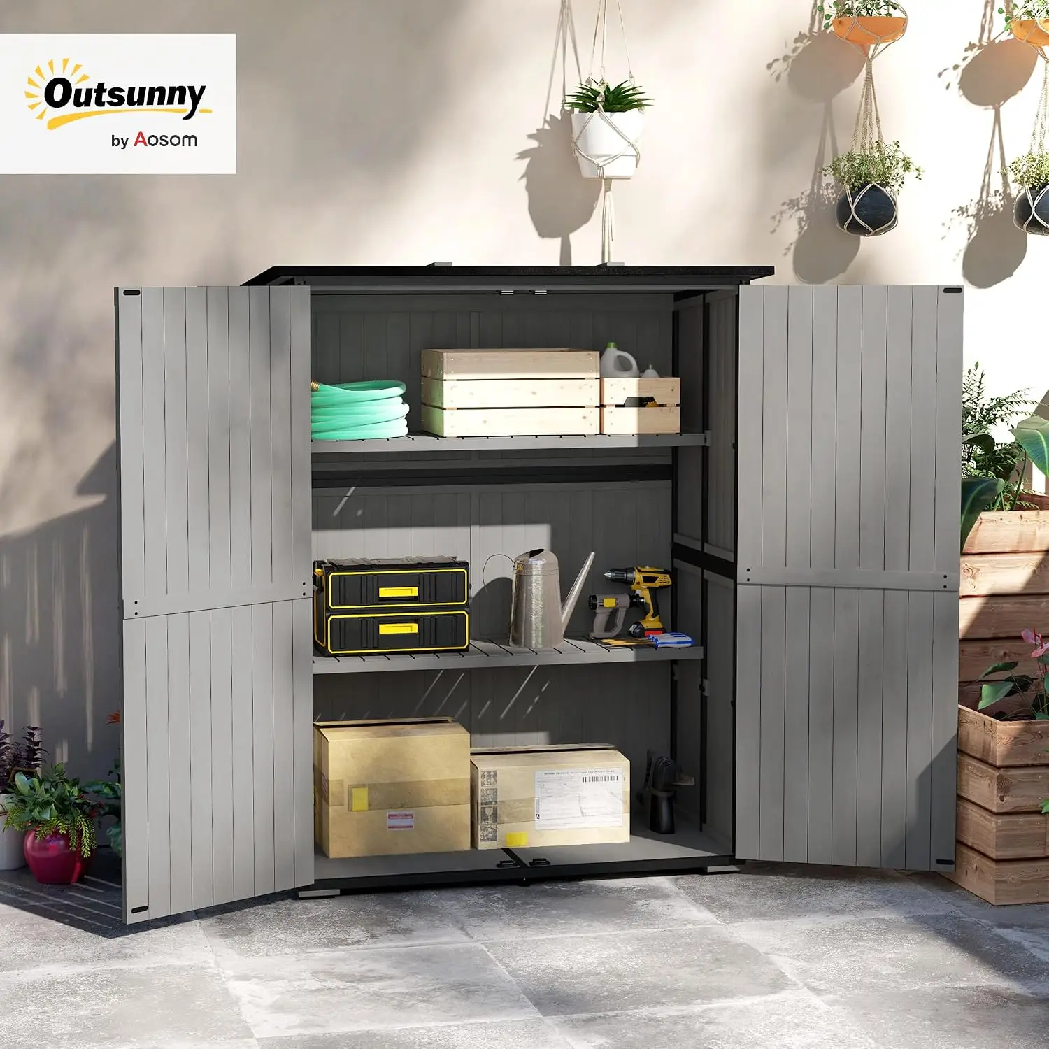 Outdoor Storage Cabinet with Steel Frame Asphalt Roof Gray