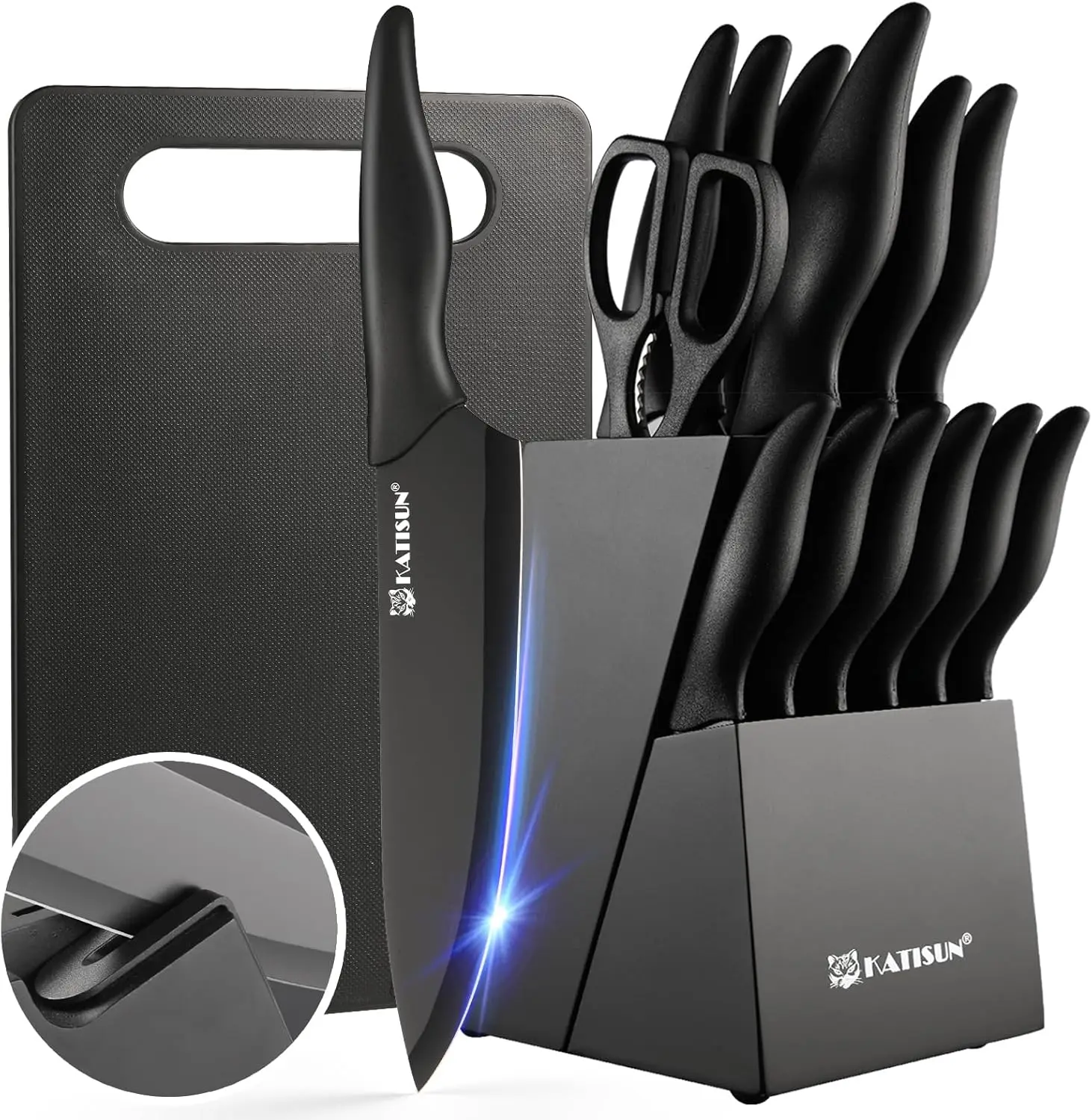 

16 Pieces Kitchen Knife Block Set with Cutting Board, German Premium Quality Stainless Steel, Built-in sharpener