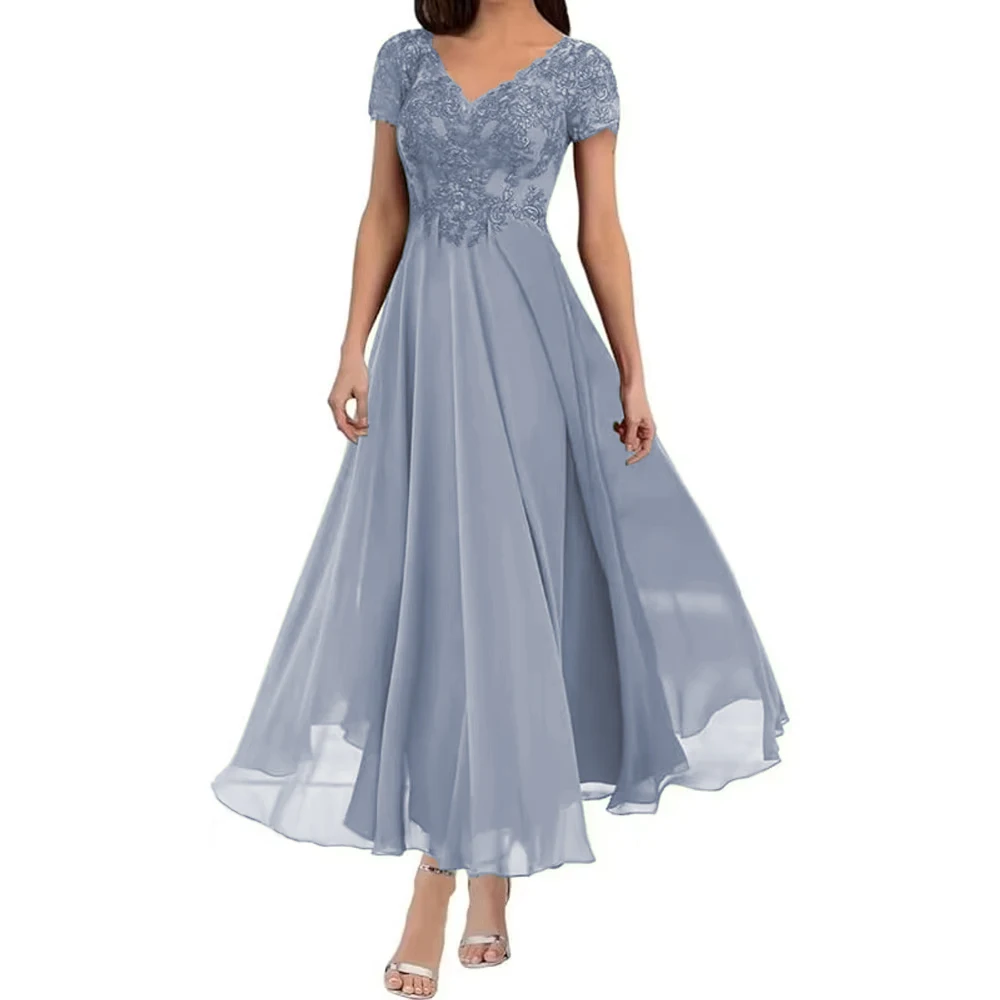 Customized Elegant V Neck Mother of The Bride Dresses Short Sleeves Formal Dress Chiffon Appliques Lace Evening Gown Lace Up