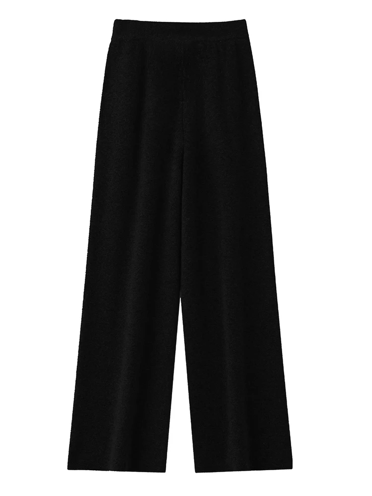 Women 100% Merino Wool Knitted Wide Leg Pants Autumn Winter Basic Soft Warm Cashmere Knit Trousers Casual Simple Fashion Style