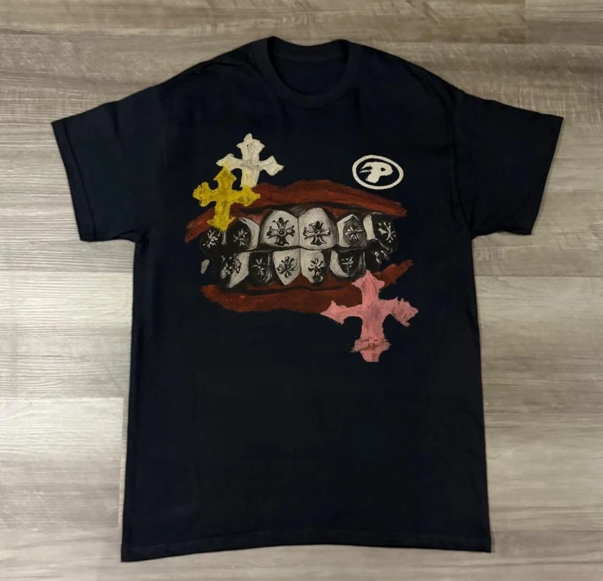 2026 Retro Punk Style Crew Neck T-shirt for Men Women Creative Lips and Diamond Teeth Pattern with Multi Color Cross Print Loose